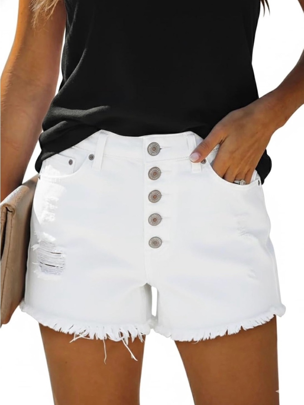 Women’s White Distressed Button-Front Denim Shorts